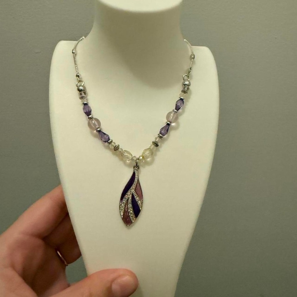 Purple Crystal Beaded Necklace Silver Tone Enamel Teardrop Pendant Statement